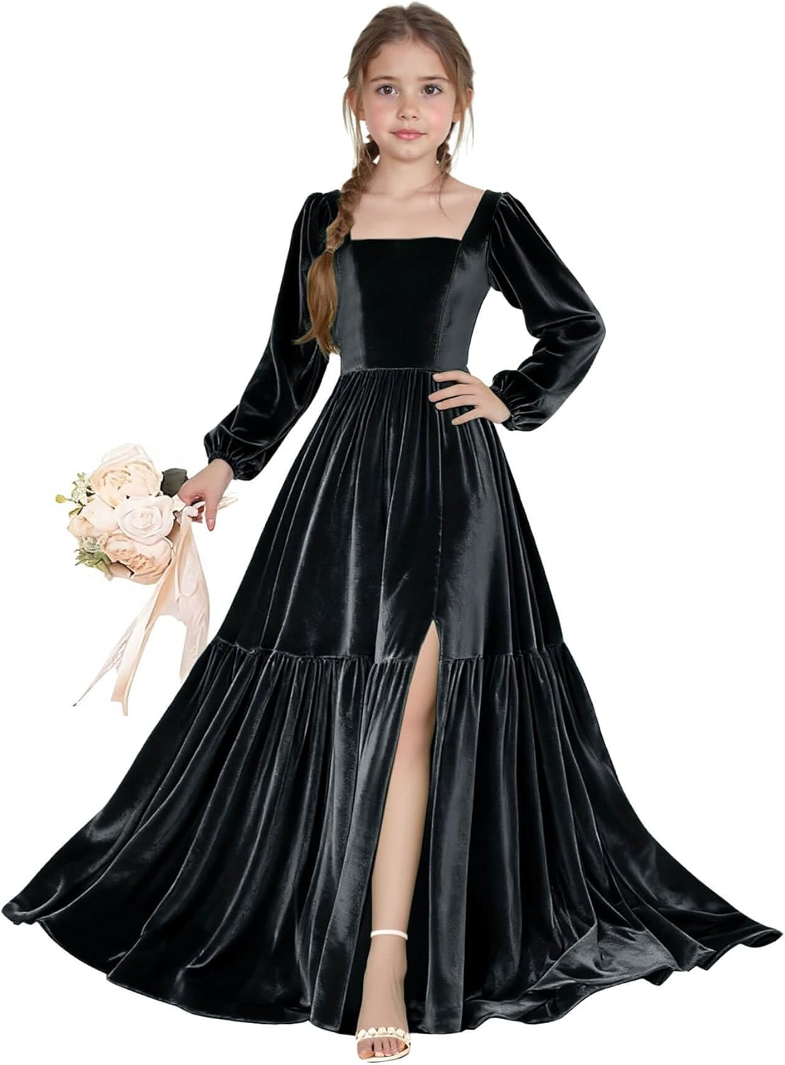 Long Sleeve Velvet Junior Bridesmaid Dresses Girls Holiday Dresses with Slit Christmas Maxi Dress Formal Party Gown