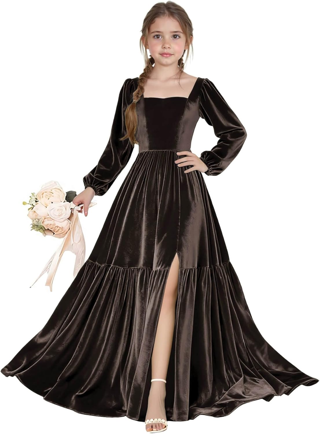 Long Sleeve Velvet Junior Bridesmaid Dresses Girls Holiday Dresses with Slit Christmas Maxi Dress Formal Party Gown