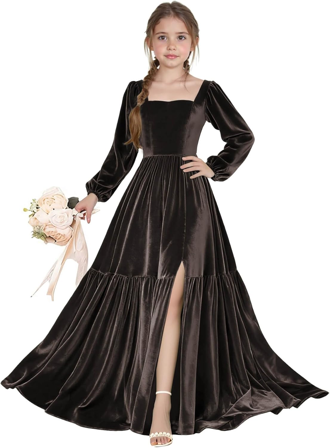 Long Sleeve Velvet Junior Bridesmaid Dresses Girls Holiday Dresses with Slit Christmas Maxi Dress Formal Party Gown