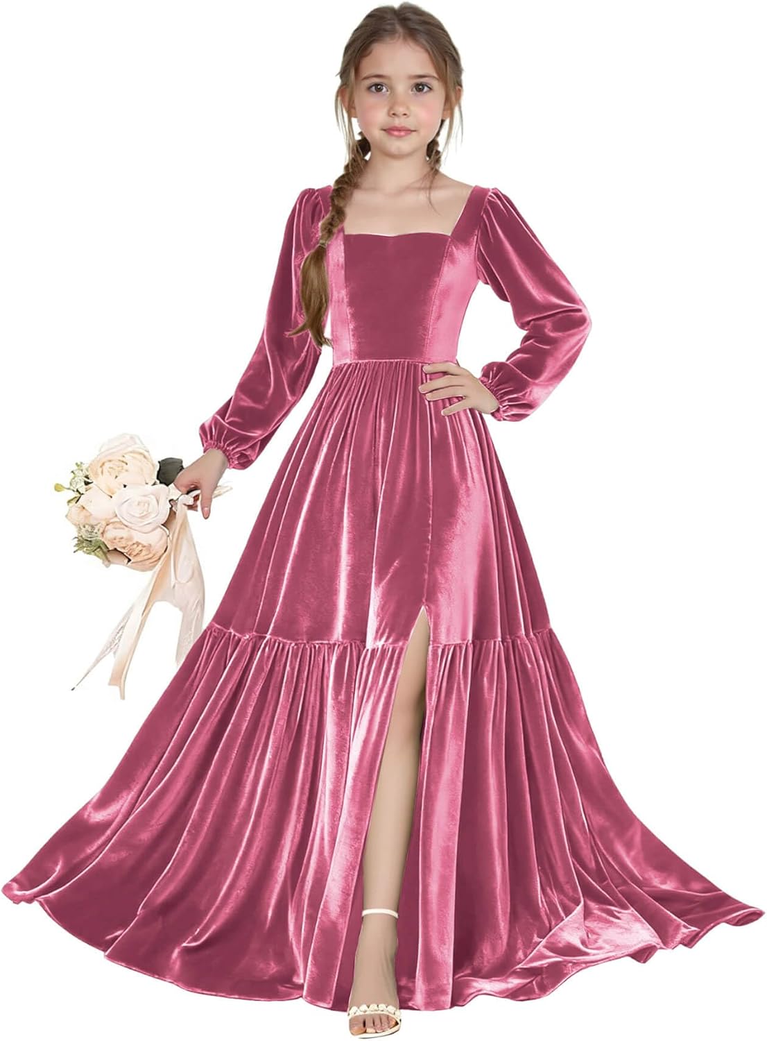 Long Sleeve Velvet Junior Bridesmaid Dresses Girls Holiday Dresses with Slit Christmas Maxi Dress Formal Party Gown