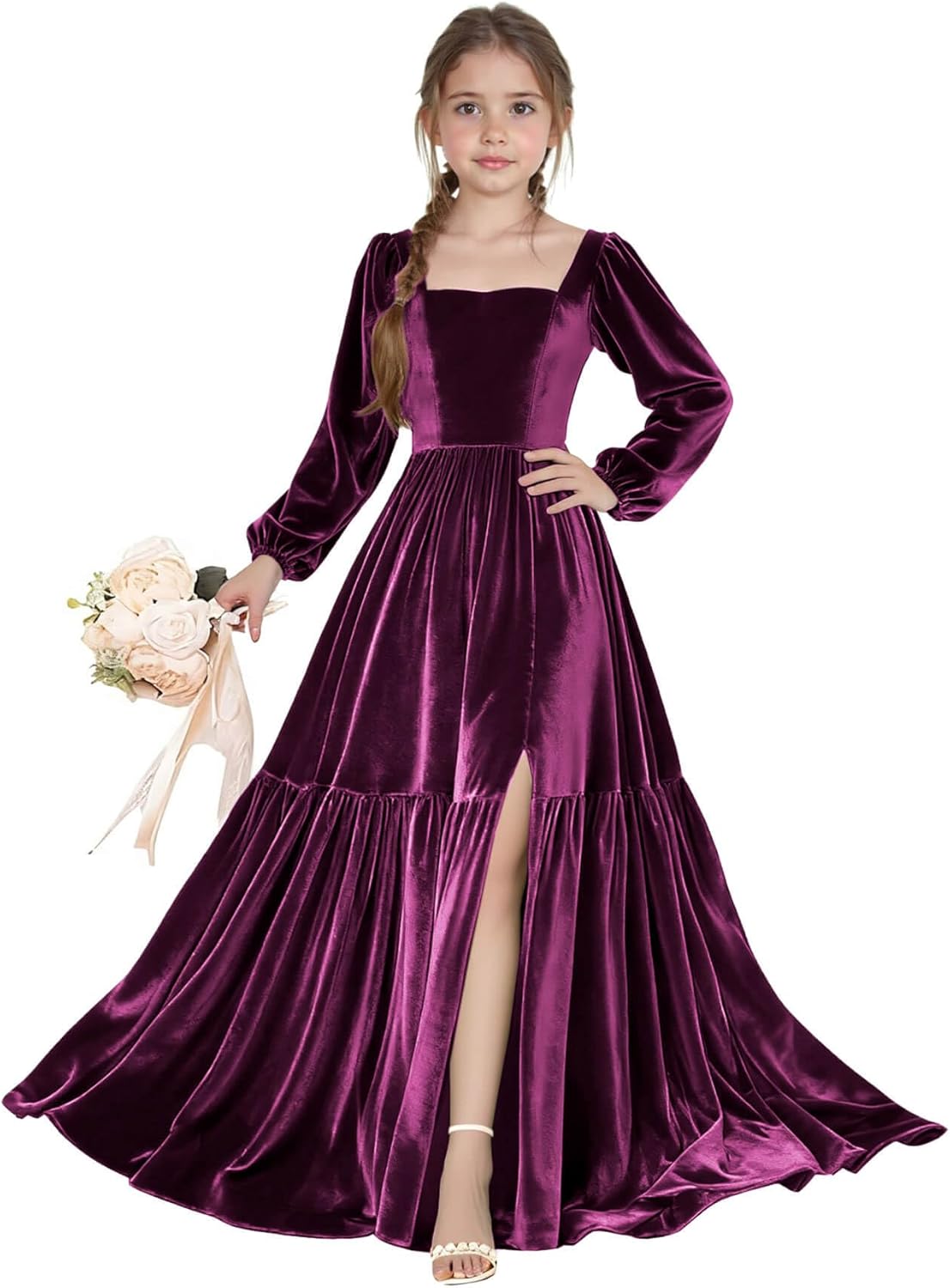 Long Sleeve Velvet Junior Bridesmaid Dresses Girls Holiday Dresses with Slit Christmas Maxi Dress Formal Party Gown