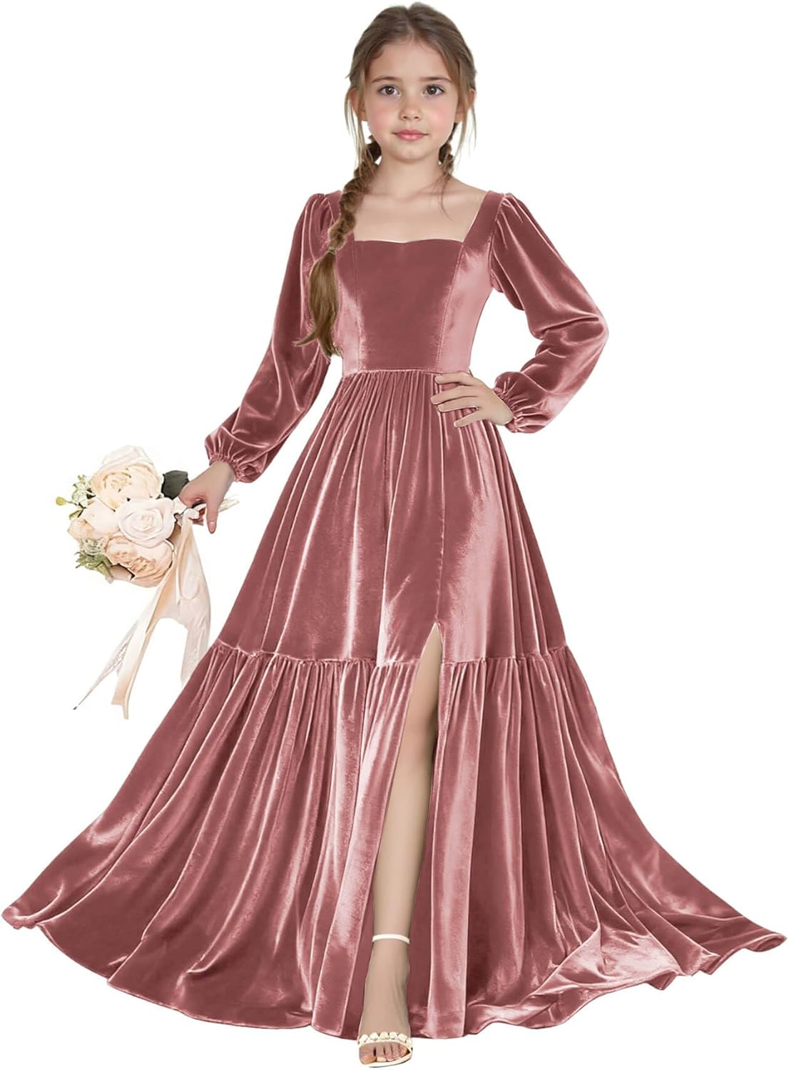 Long Sleeve Velvet Junior Bridesmaid Dresses Girls Holiday Dresses with Slit Christmas Maxi Dress Formal Party Gown