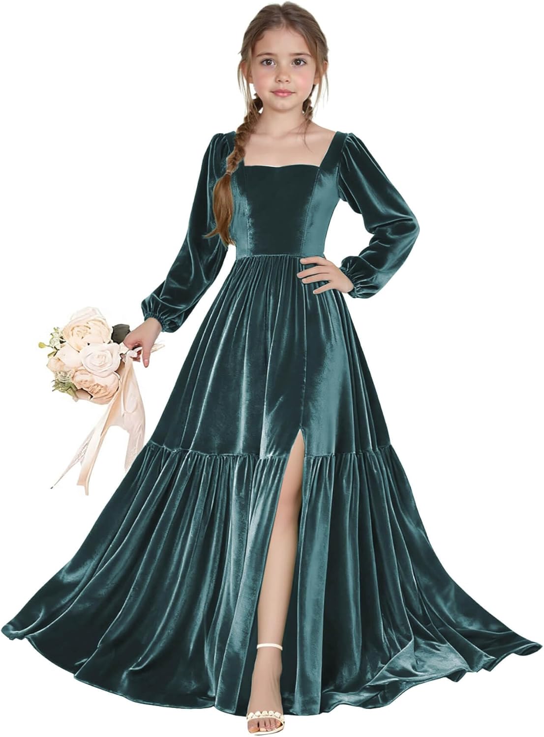 Long Sleeve Velvet Junior Bridesmaid Dresses Girls Holiday Dresses with Slit Christmas Maxi Dress Formal Party Gown