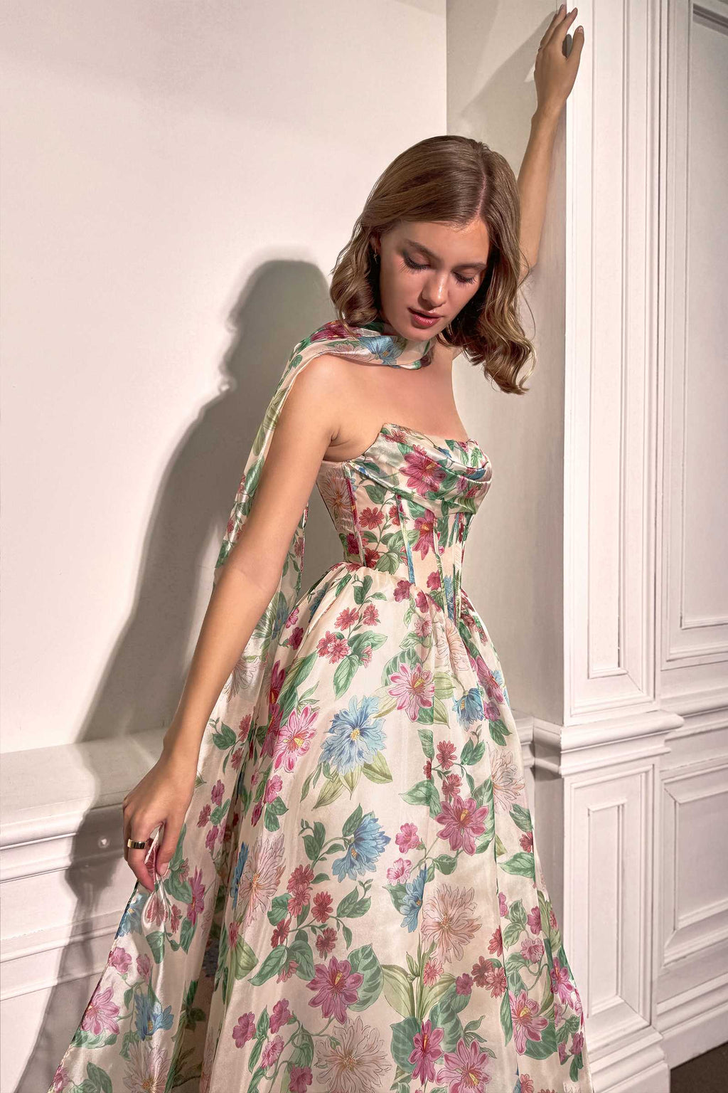 Andrea & Leo A1425 Long A-Line Strapless Corset Bodice Floral Print Gown – Prom Dress