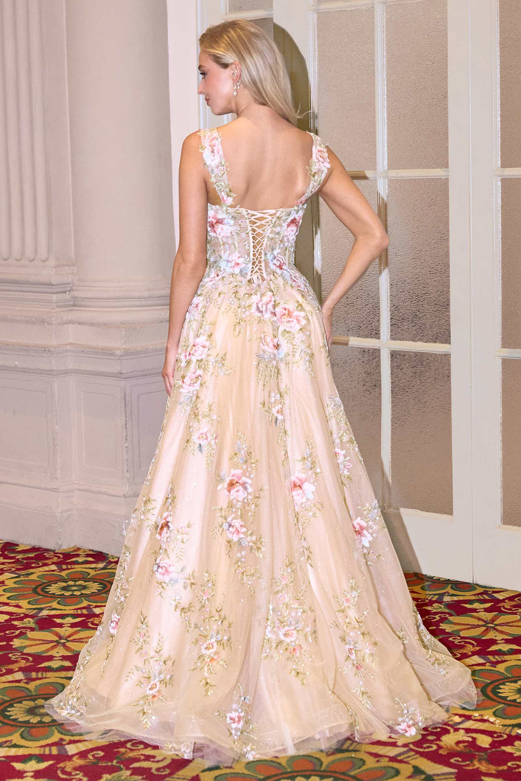 Andrea & Leo A1480 Long A-Line Floral Embroidered Straps Tulle Gown – Prom Dress