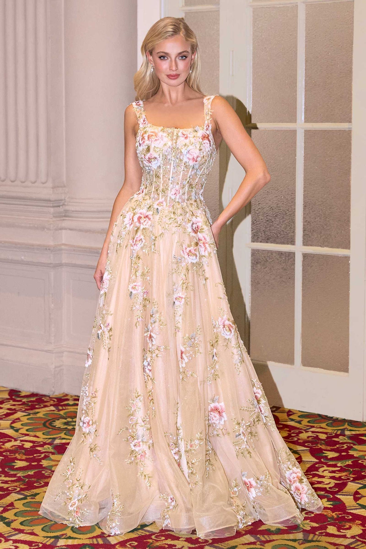 Andrea & Leo A1480 Long A-Line Floral Embroidered Straps Tulle Gown – Prom Dress