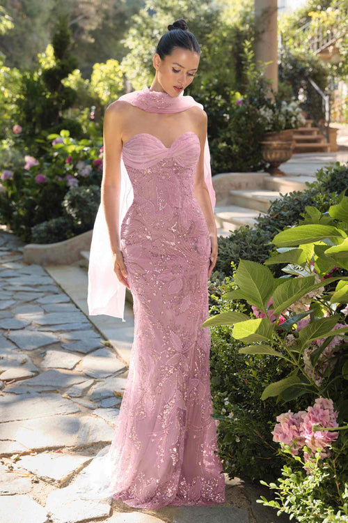 Andrea & Leo A1484 Fitted Gown Strapless Sweetheart Embroidered Floral Motif – Prom Dress