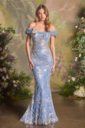 Andrea & Leo A1496 Fitted Off the Shoulder Sequin Pattern Formal Prom Dress