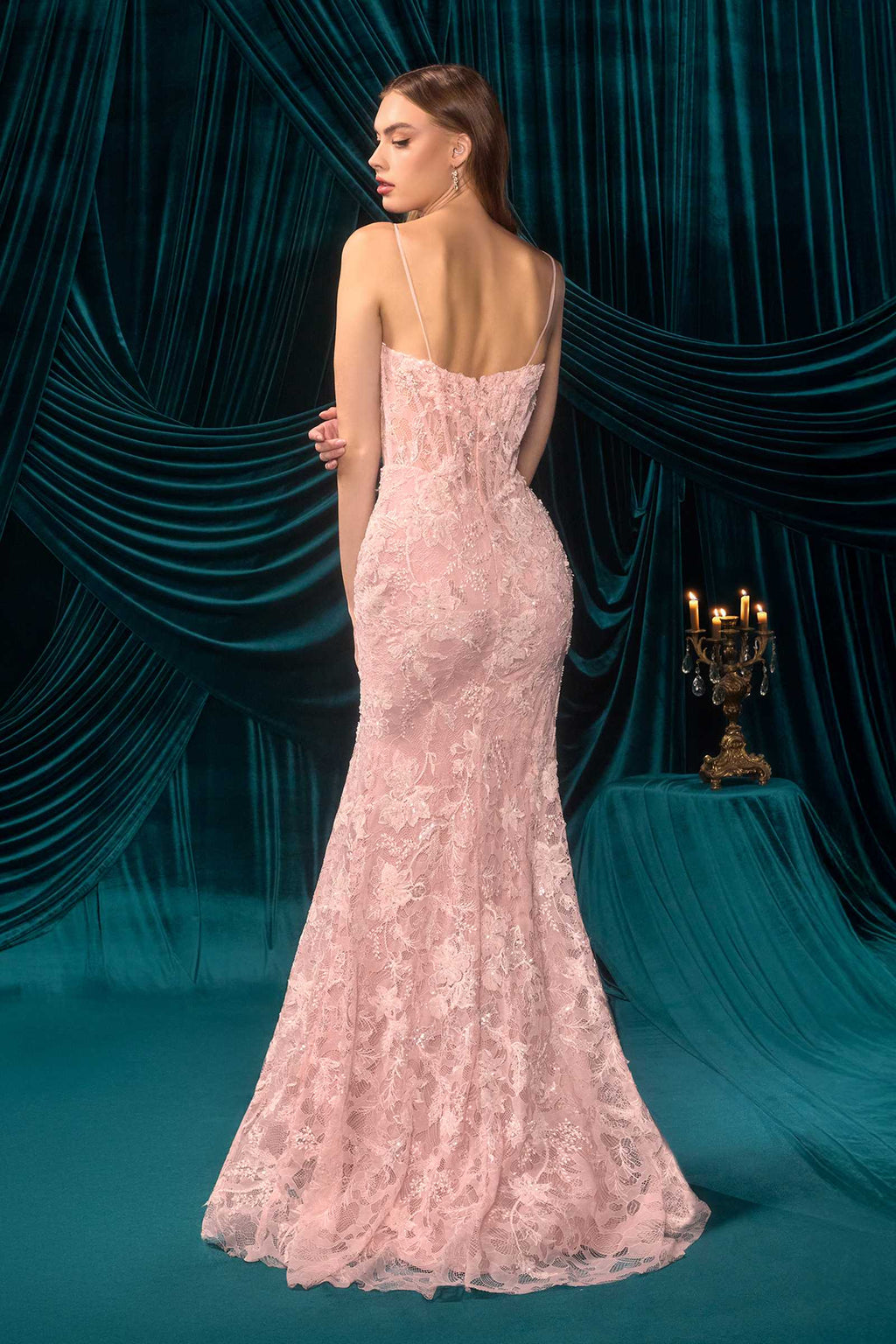 Andrea & Leo A1499 Ethereal Floral Lace Thigh High Slit Fitted Lace Gown – Prom Dress