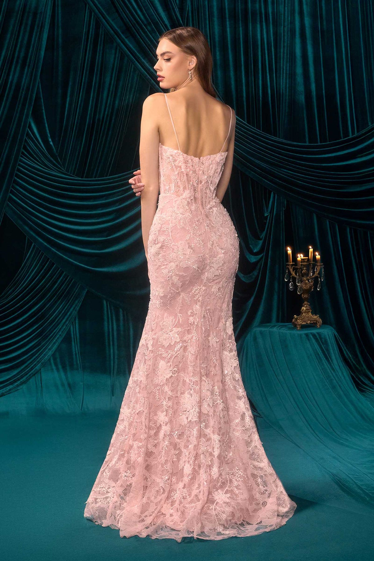 Andrea & Leo A1499 Ethereal Floral Lace Thigh High Slit Fitted Lace Gown – Prom Dress