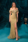 Andrea & Leo A1507 Off the Shoulder Cascading Sequin Fitted Gown – Prom Dress