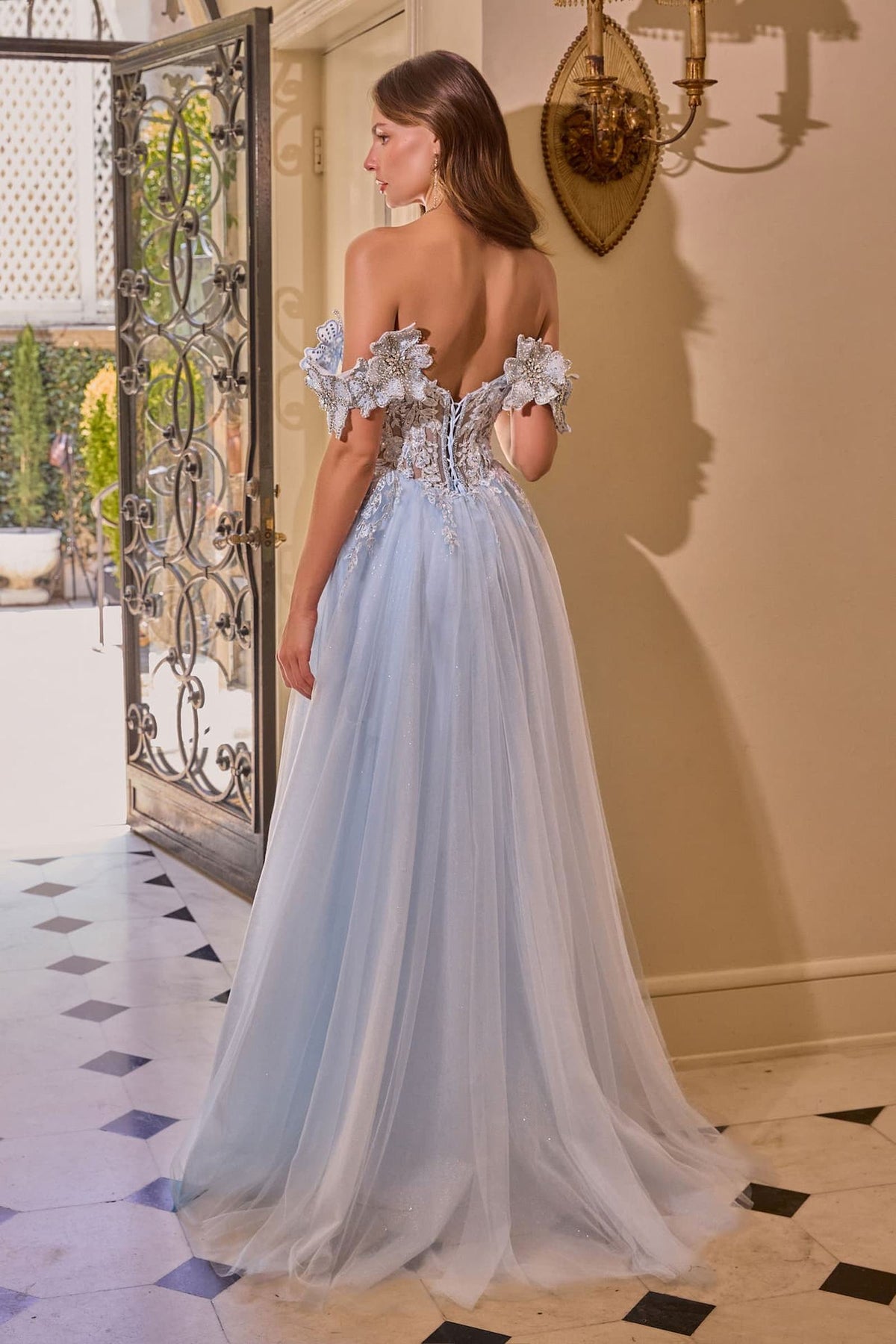 Andrea & Leo A1512 Light Blue Off-Shoulder Floral Applique Tulle Gown with Slit – Prom Dress