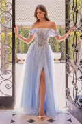 Andrea & Leo A1512 Light Blue Off-Shoulder Floral Applique Tulle Gown with Slit – Prom Dress