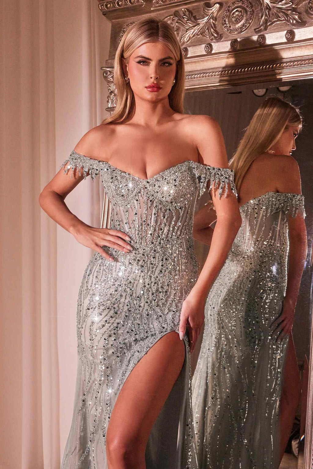 Ladivine CD0203 Long Fitted Off the Shoulder Sequin Gown with Slit – Prom Dress
