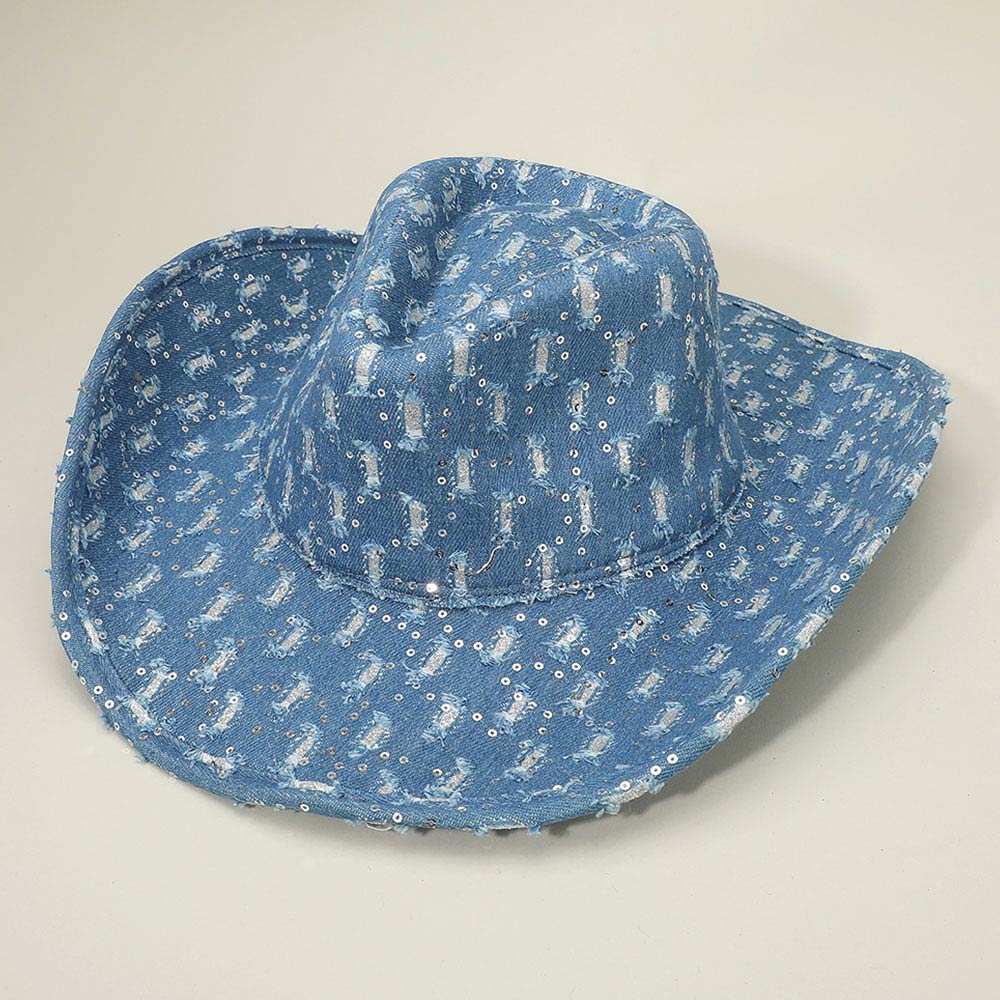 Wide Brim Distressed Sequin Pattern Cowboy Fedora Hat