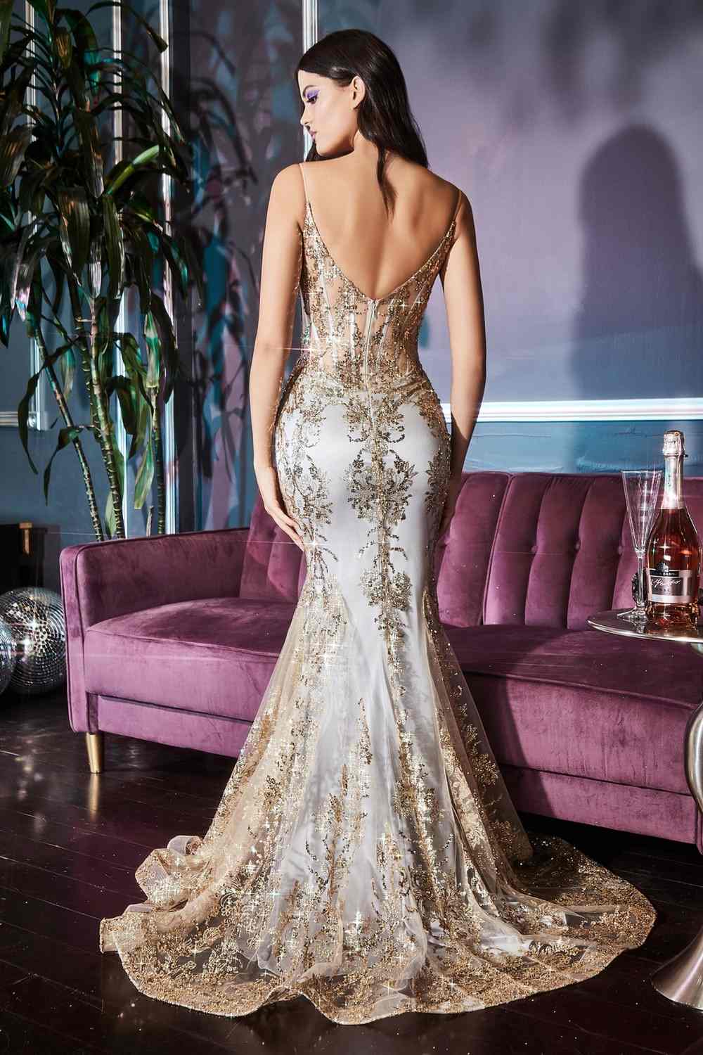 Cinderella Divine J810 Long Fitted Mermaid Gown Metallic Embroidered Lace
