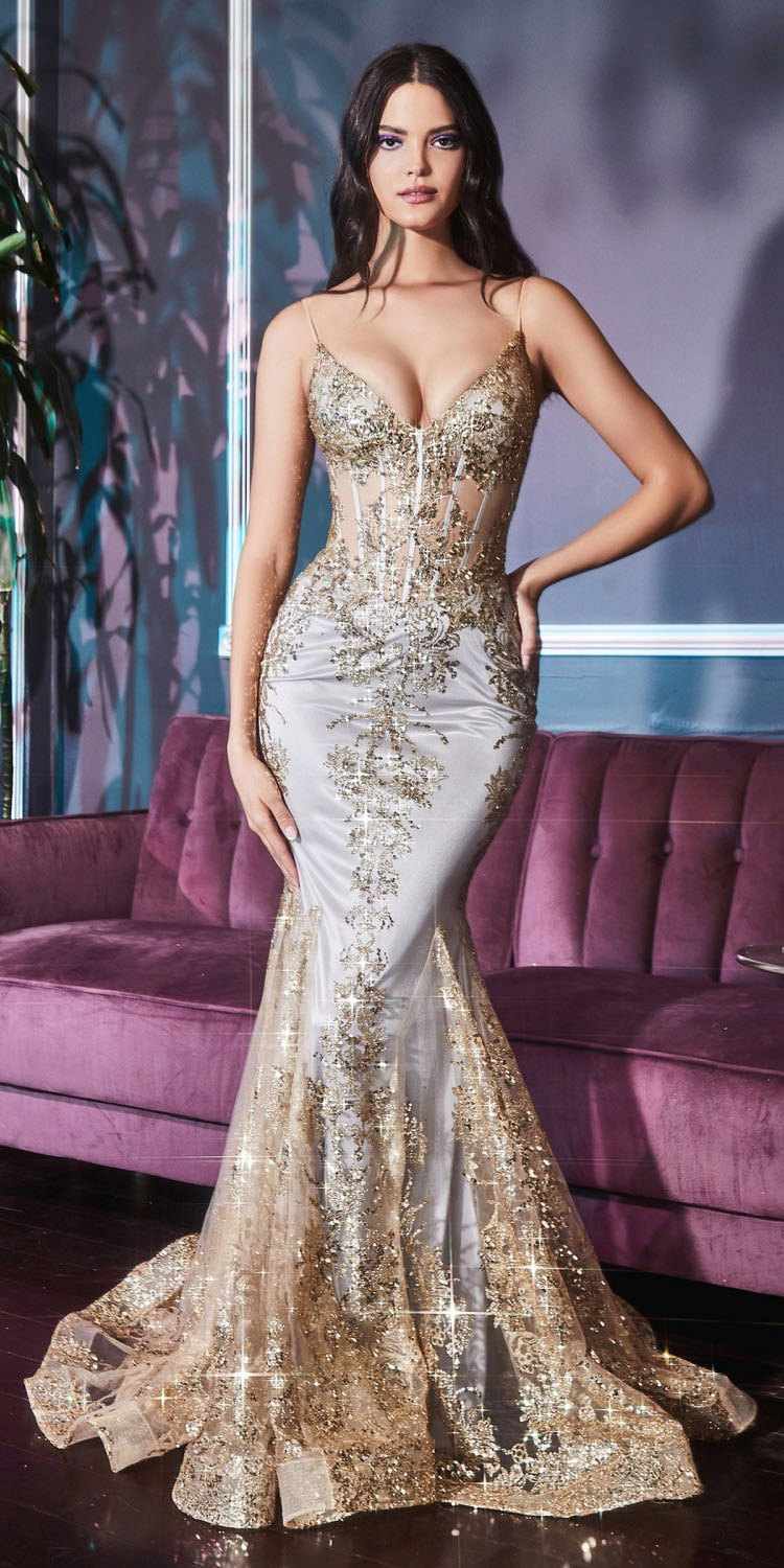 Cinderella Divine J810 Long Fitted Mermaid Gown Metallic Embroidered Lace