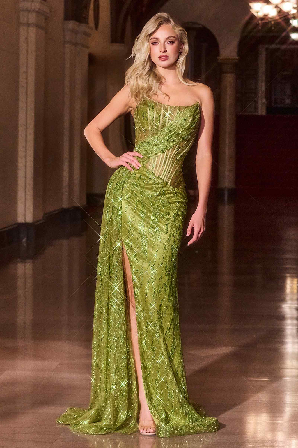 Ladivine J872 Long Strapless Glitter Embellished Leg Slit Evening Gown – Prom Dress