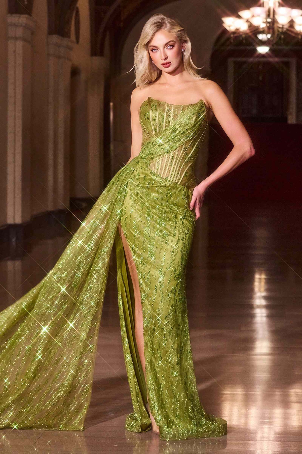Ladivine J872 Long Strapless Glitter Embellished Leg Slit Evening Gown – Prom Dress