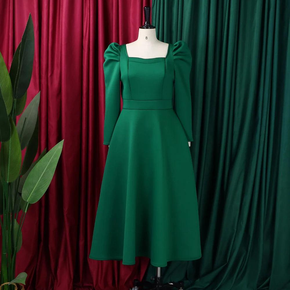 Square-Neck Pleated Wedding Guest Dress – Long Sleeve High-Waisted Mid-Calf