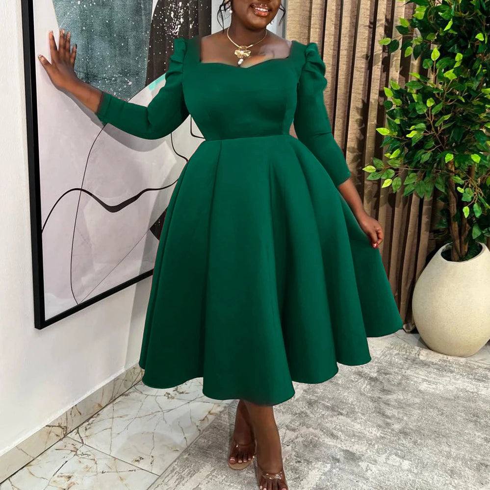 Square-Neck Pleated Wedding Guest Dress – Long Sleeve High-Waisted Mid-Calf