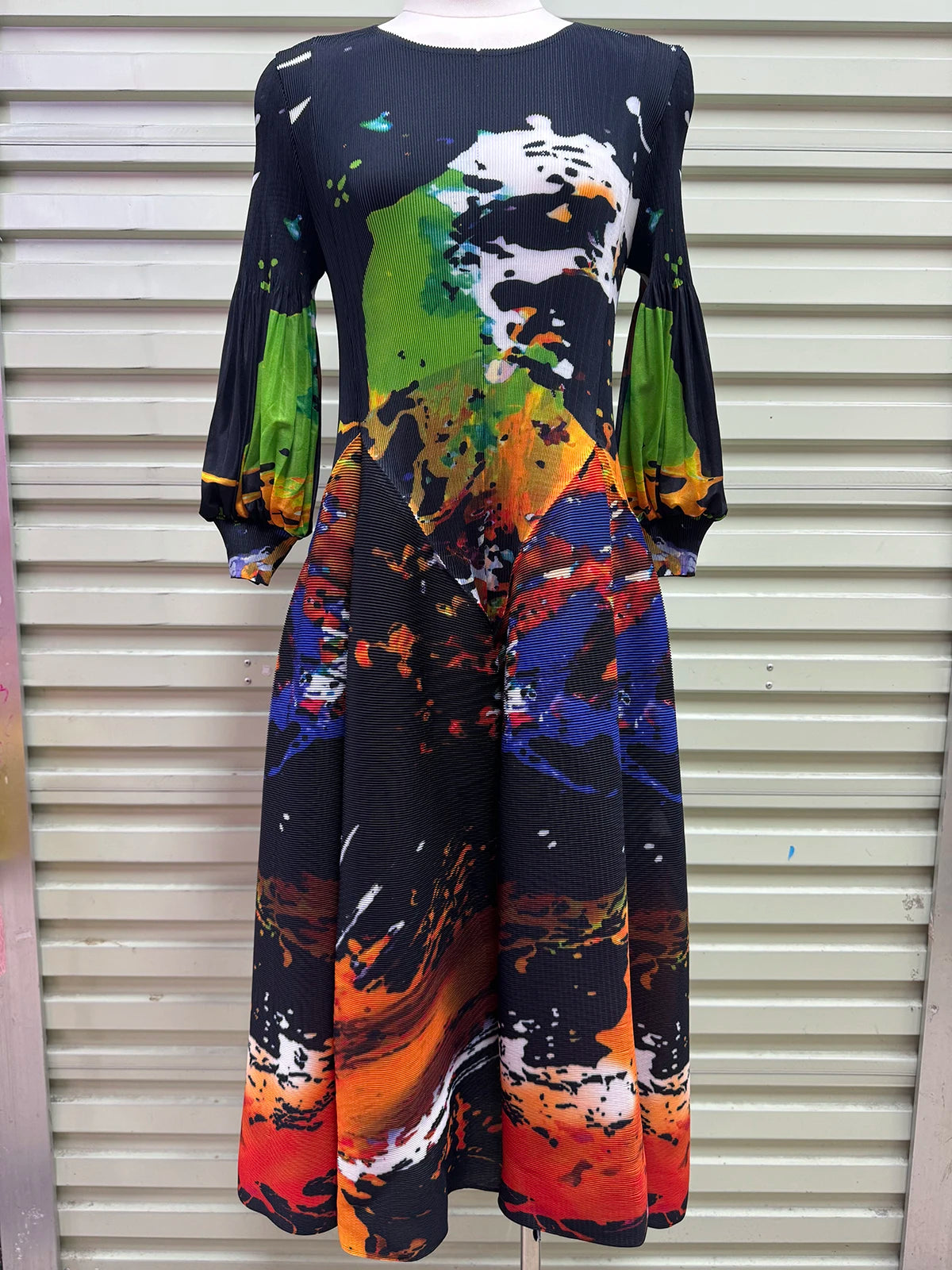 Hepburn-Style Pleated Printed Long Dress – Elastic Plus Size
