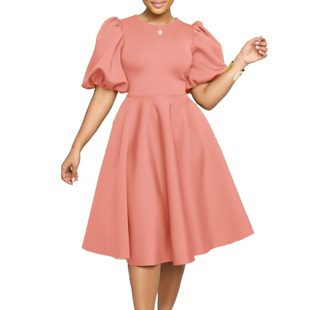 O-Neck Pleated Party Dress – Short Sleeve High-Waisted Mid-Calf Birthday Dinner Dress