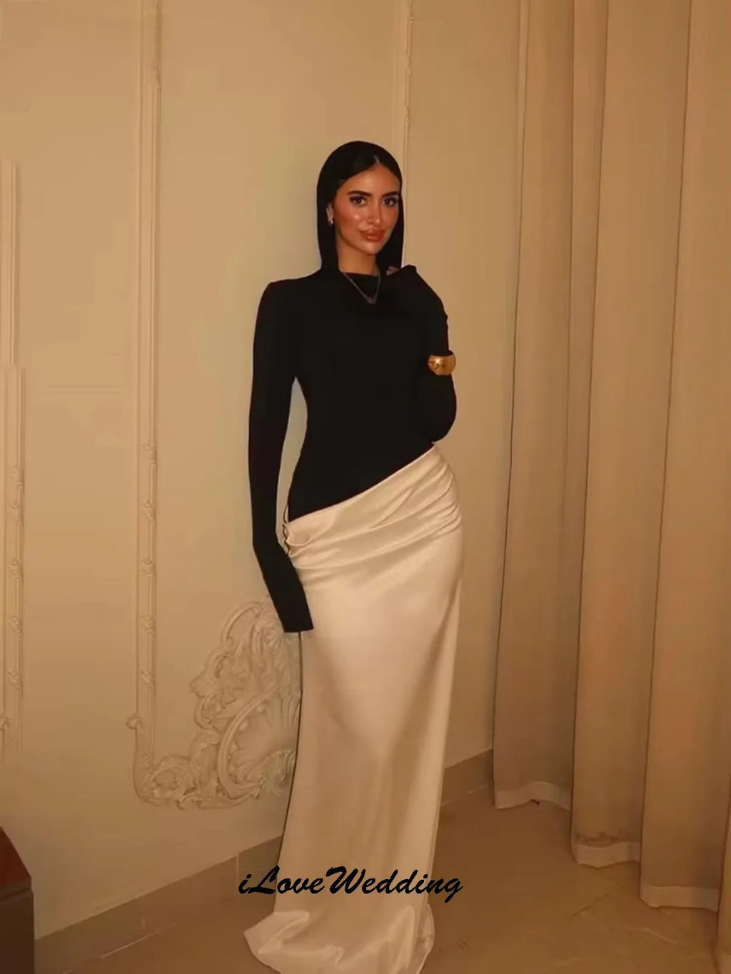 Satin Long Sleeve Evening Gown – Floor-Length Formal Wedding Party Dress