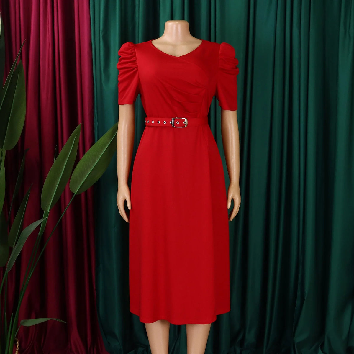 V-Neck Pleated Party Dress – Short Sleeve Belted Mid-Calf Birthday Dinner Dress