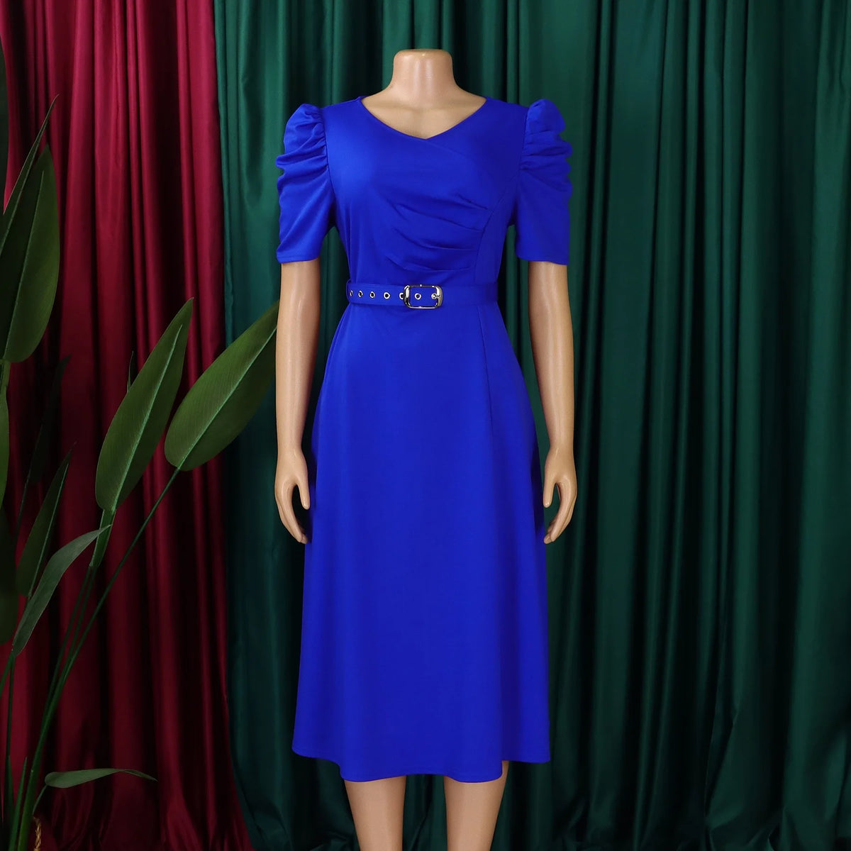 V-Neck Pleated Party Dress – Short Sleeve Belted Mid-Calf Birthday Dinner Dress