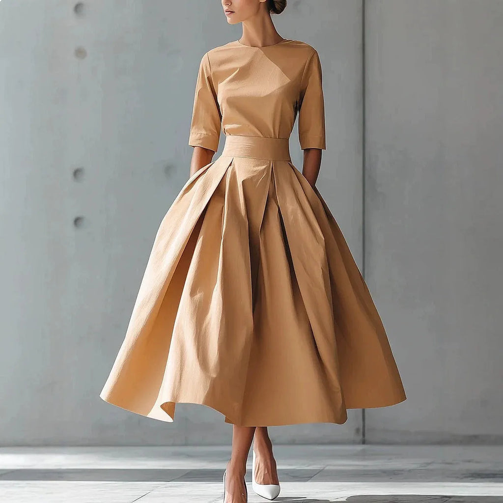 Casual V-Neck Dress – Short Sleeve Solid Color, Spring & Summer
