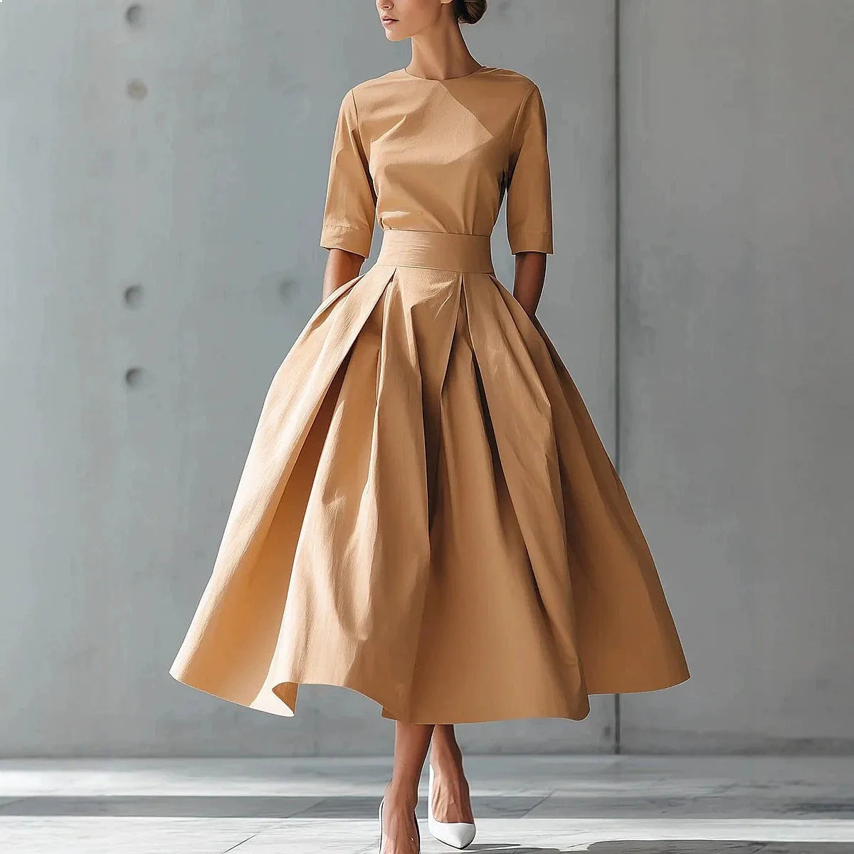 Casual V-Neck Dress – Short Sleeve Solid Color, Spring & Summer
