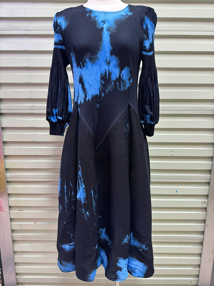 Hepburn-Style Pleated Printed Long Dress – Elastic Plus Size