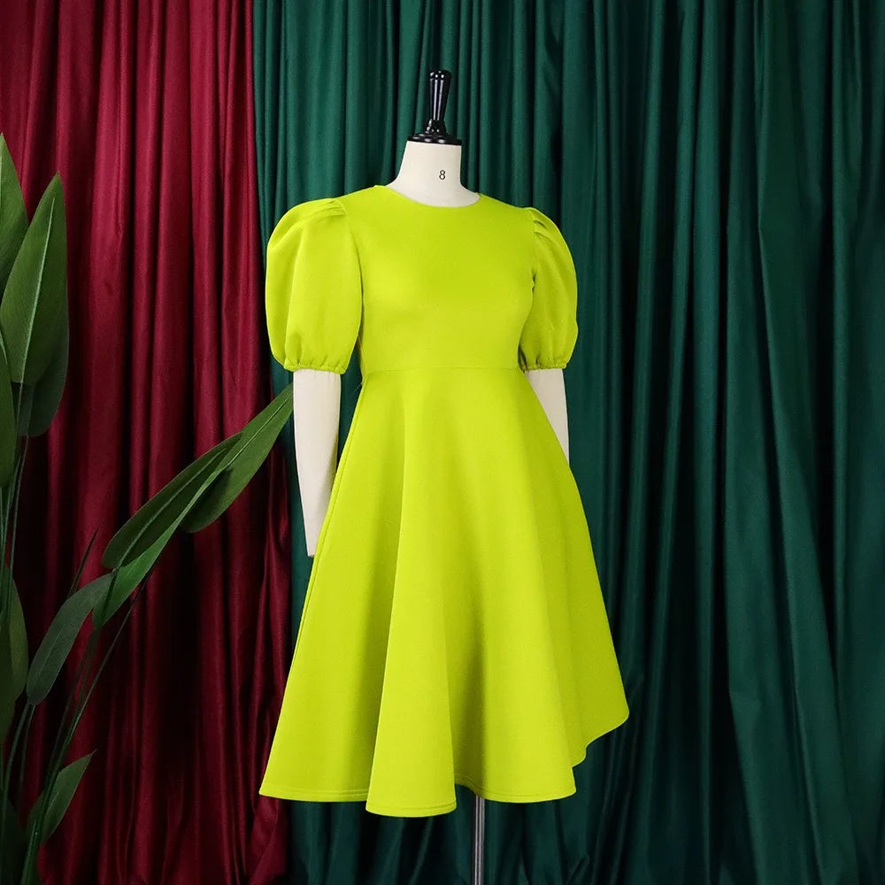 O-Neck Pleated Party Dress – Short Sleeve High-Waisted Mid-Calf Birthday Dinner Dress