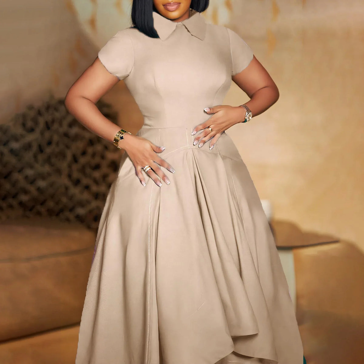 Modest African-Style Church Dress – Pleated A-Line, Short Sleeve