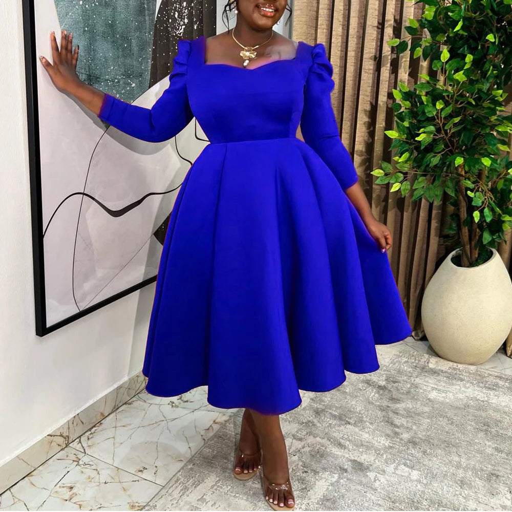 Square-Neck Pleated Wedding Guest Dress – Long Sleeve High-Waisted Mid-Calf