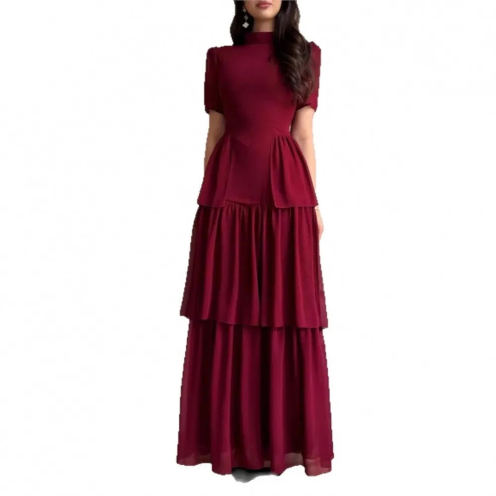 Women's Pleated Mid-Calf Dress – Short Sleeve Slim Fit Solid Color Dress