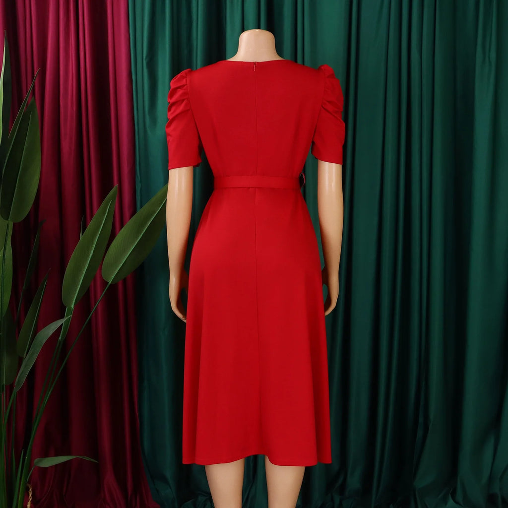 V-Neck Pleated Party Dress – Short Sleeve Belted Mid-Calf Birthday Dinner Dress