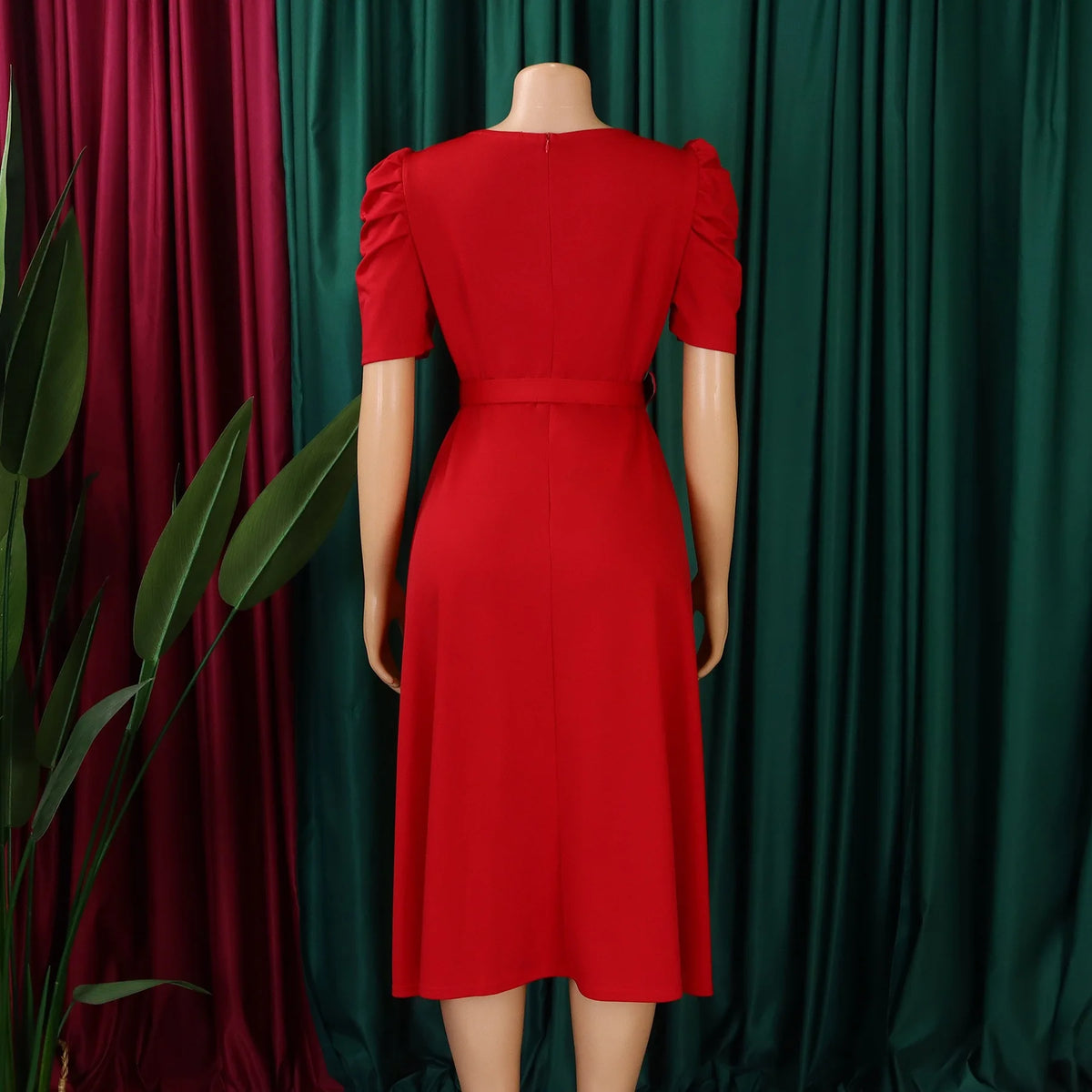 V-Neck Pleated Party Dress – Short Sleeve Belted Mid-Calf Birthday Dinner Dress