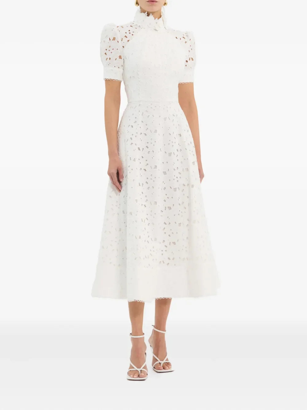 High-Collar Lace Evening Dress – Short Sleeve A-Line Tea-Length Cut-Out Prom Gown