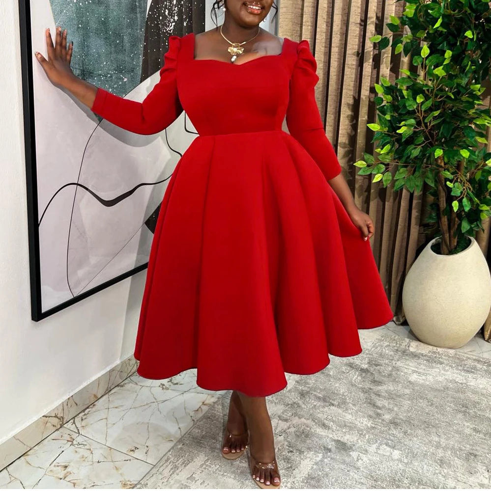 Square-Neck Pleated Wedding Guest Dress – Long Sleeve High-Waisted Mid-Calf
