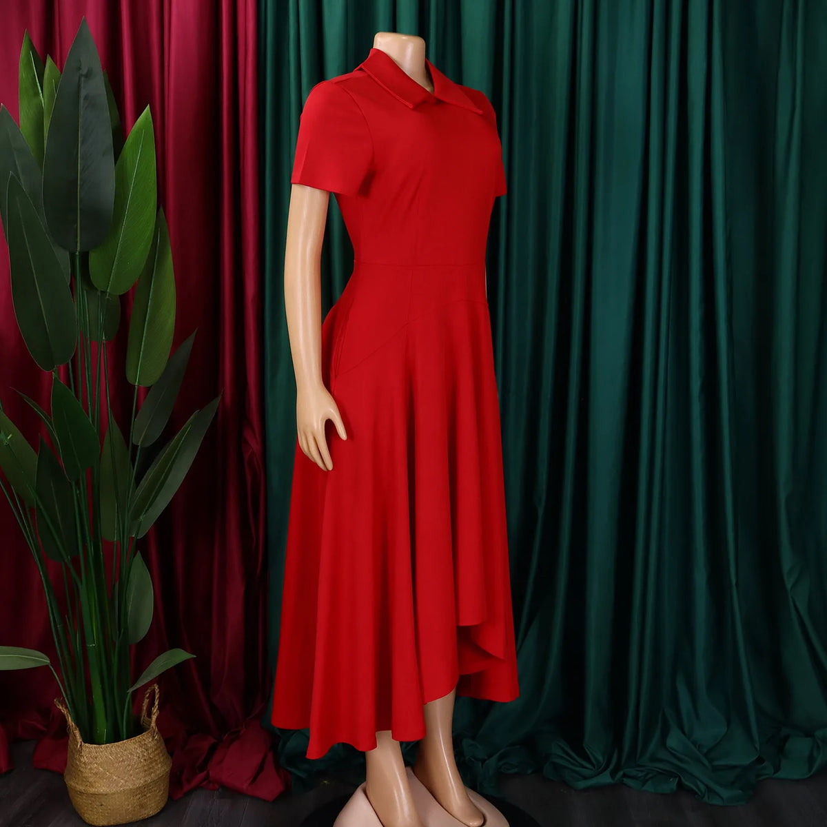 Modest African-Style Church Dress – Pleated A-Line, Short Sleeve