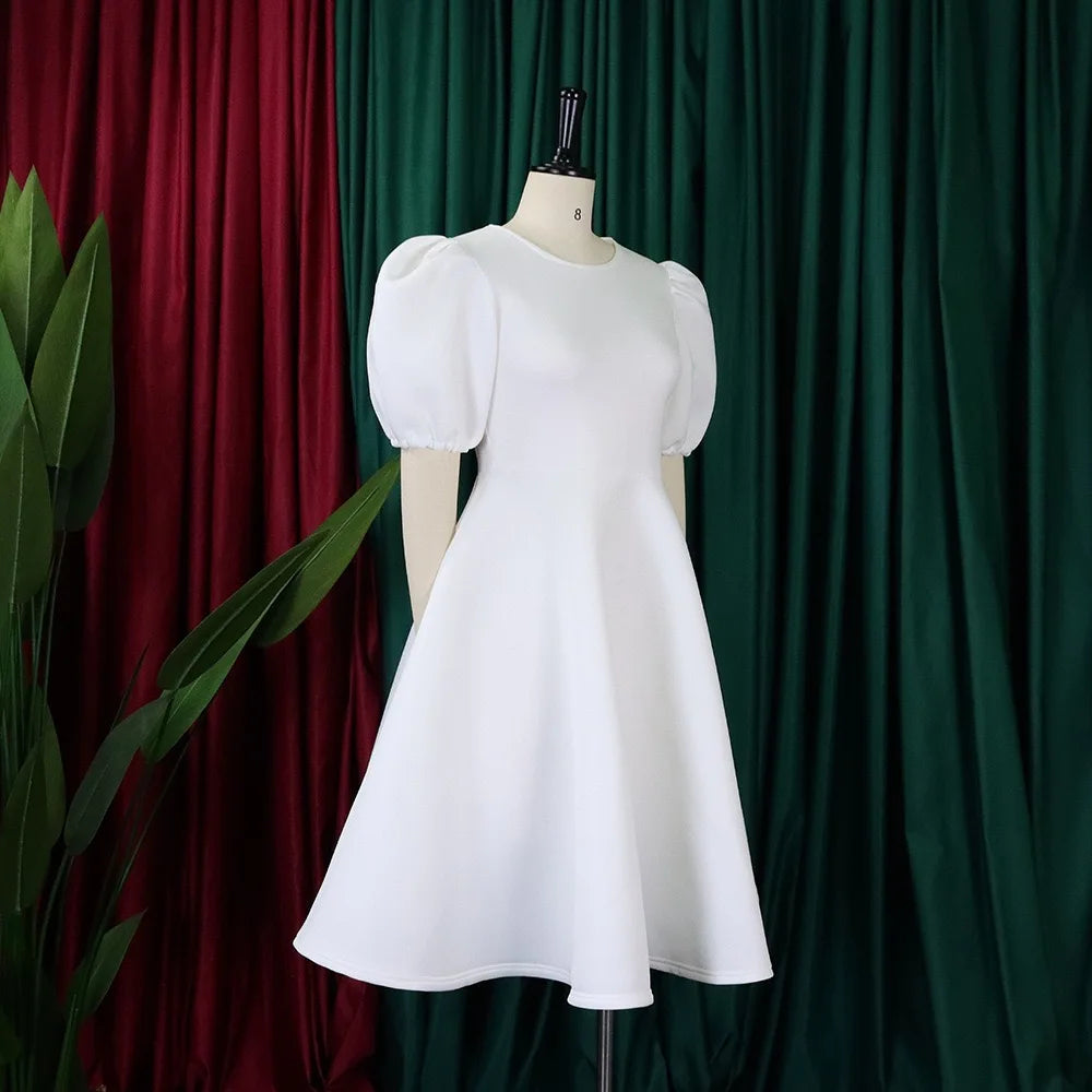 O-Neck Pleated Party Dress – Short Sleeve High-Waisted Mid-Calf Birthday Dinner Dress