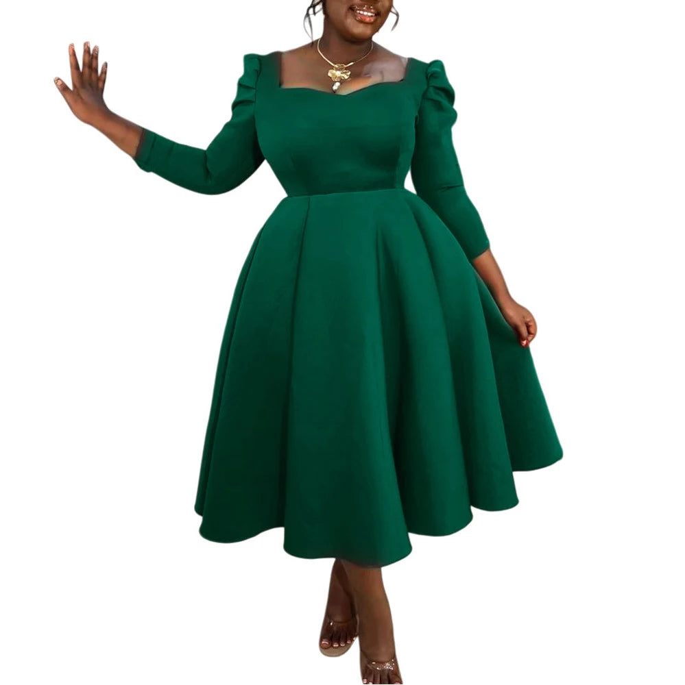 Square-Neck Pleated Wedding Guest Dress – Long Sleeve High-Waisted Mid-Calf
