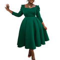 Square-Neck Pleated Wedding Guest Dress – Long Sleeve High-Waisted Mid-Calf