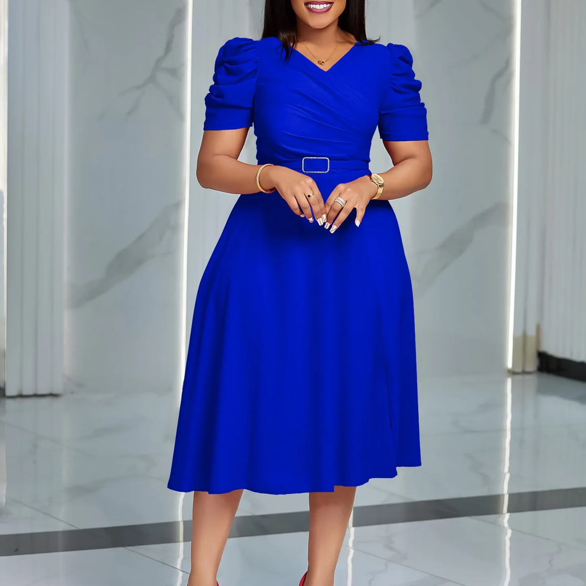 V-Neck Pleated Party Dress – Short Sleeve Belted Mid-Calf Birthday Dinner Dress