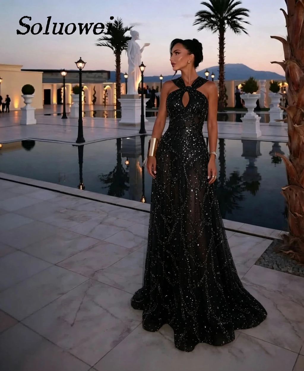 Beaded Halter Evening Gown – Criss-Cross Sequin A-Line Floor-Length Prom Dress