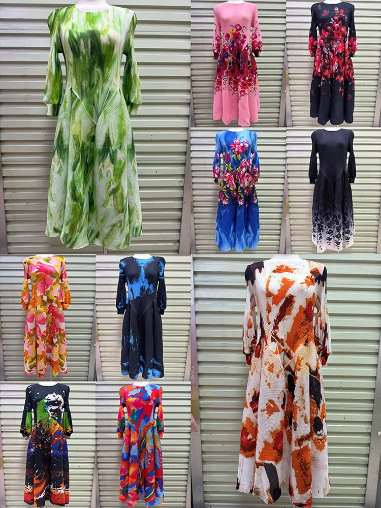 Hepburn-Style Pleated Printed Long Dress – Elastic Plus Size