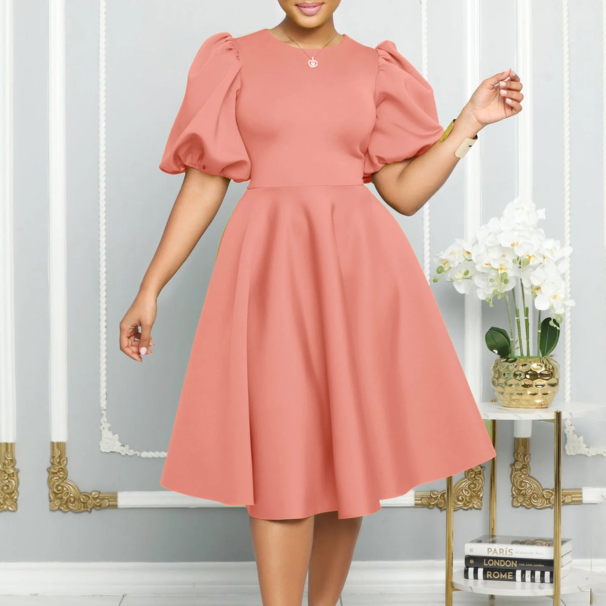 O-Neck Pleated Party Dress – Short Sleeve High-Waisted Mid-Calf Birthday Dinner Dress