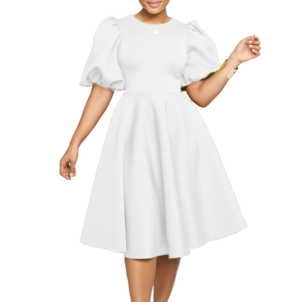 O-Neck Pleated Party Dress – Short Sleeve High-Waisted Mid-Calf Birthday Dinner Dress
